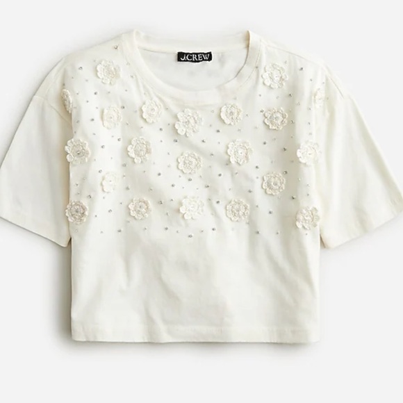 J. Crew Tops - NWT! J CREW Cropped Tshirt with Crochet with floral appliqeacut